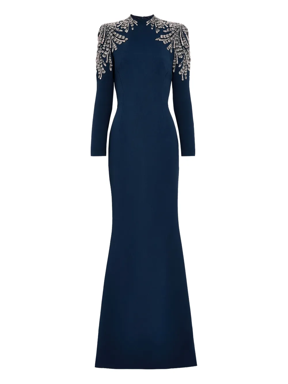 Jenny Packham Cobra Embellished-shoulders Mock-neck Maxi Dress In Blue