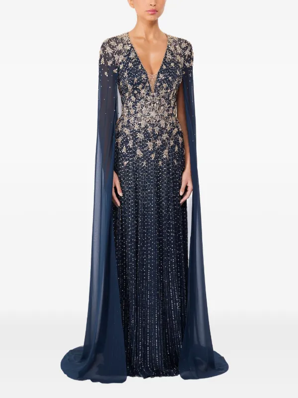 Jenny Packham star-embellished cape-design Maxi Dress Blue
