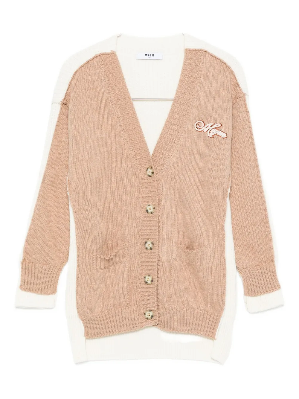 Msgm Two-tone Logo-embroidered Cardigan In Brown