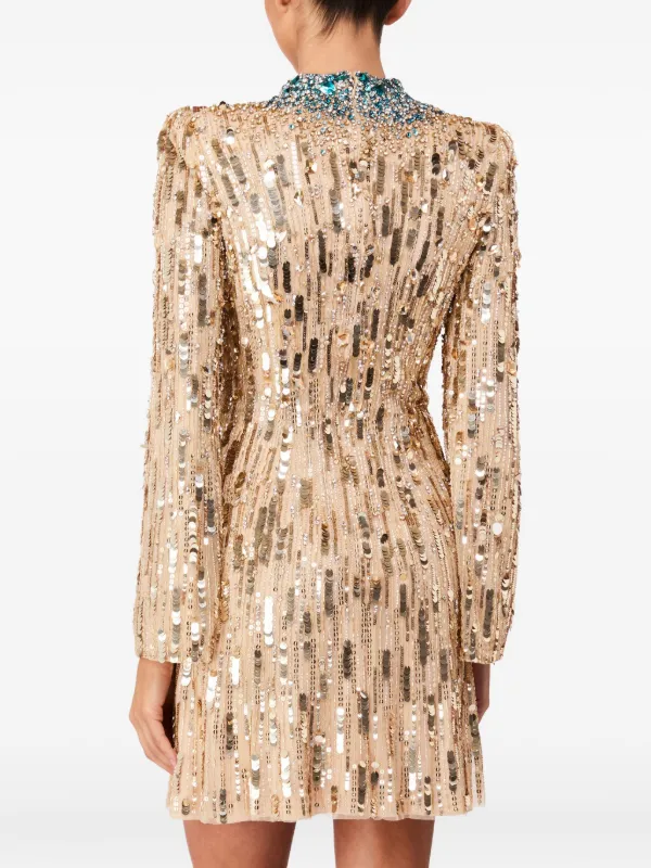 embellished long sleeve mini dress in gold Sparkly Bridesmaid Dresses Sequins Lace One Shoulder Navy Blue Rose Go –  Anna PromDress main image 0