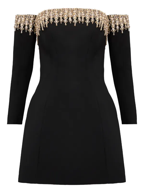 slim black dress pants mens Irène Black Off-Shoulder Sequin Floral Embroidered Mini Dress