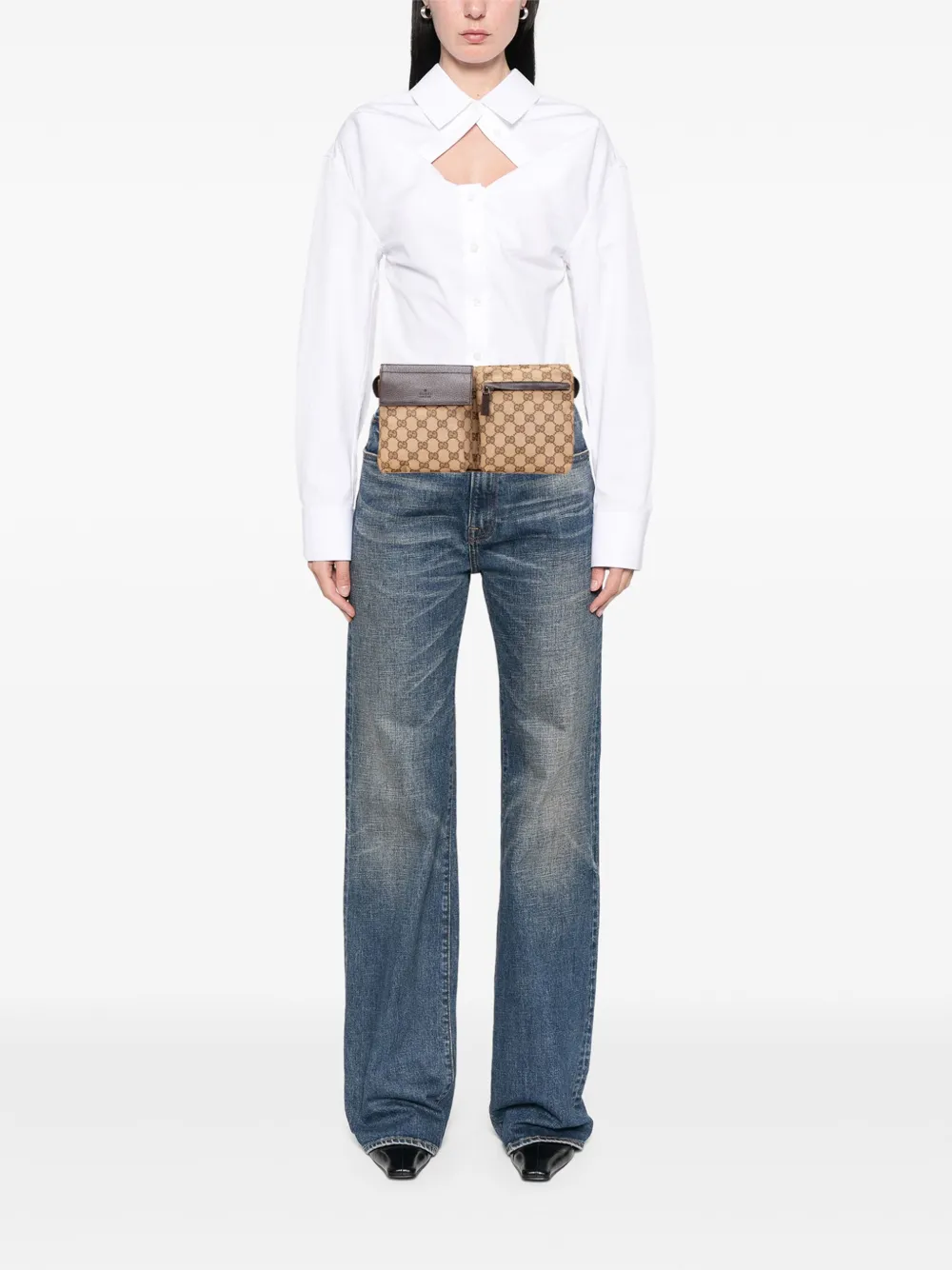 Pre-owned Gucci 2016-2025 Gg Canvas Double Pocket Belt Bag In Brown