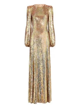 gold sequin puff sleeve dress Champagne Sequin Puff Sleeve Open Back Long Formal Dress with Slit – Modsele main image 1