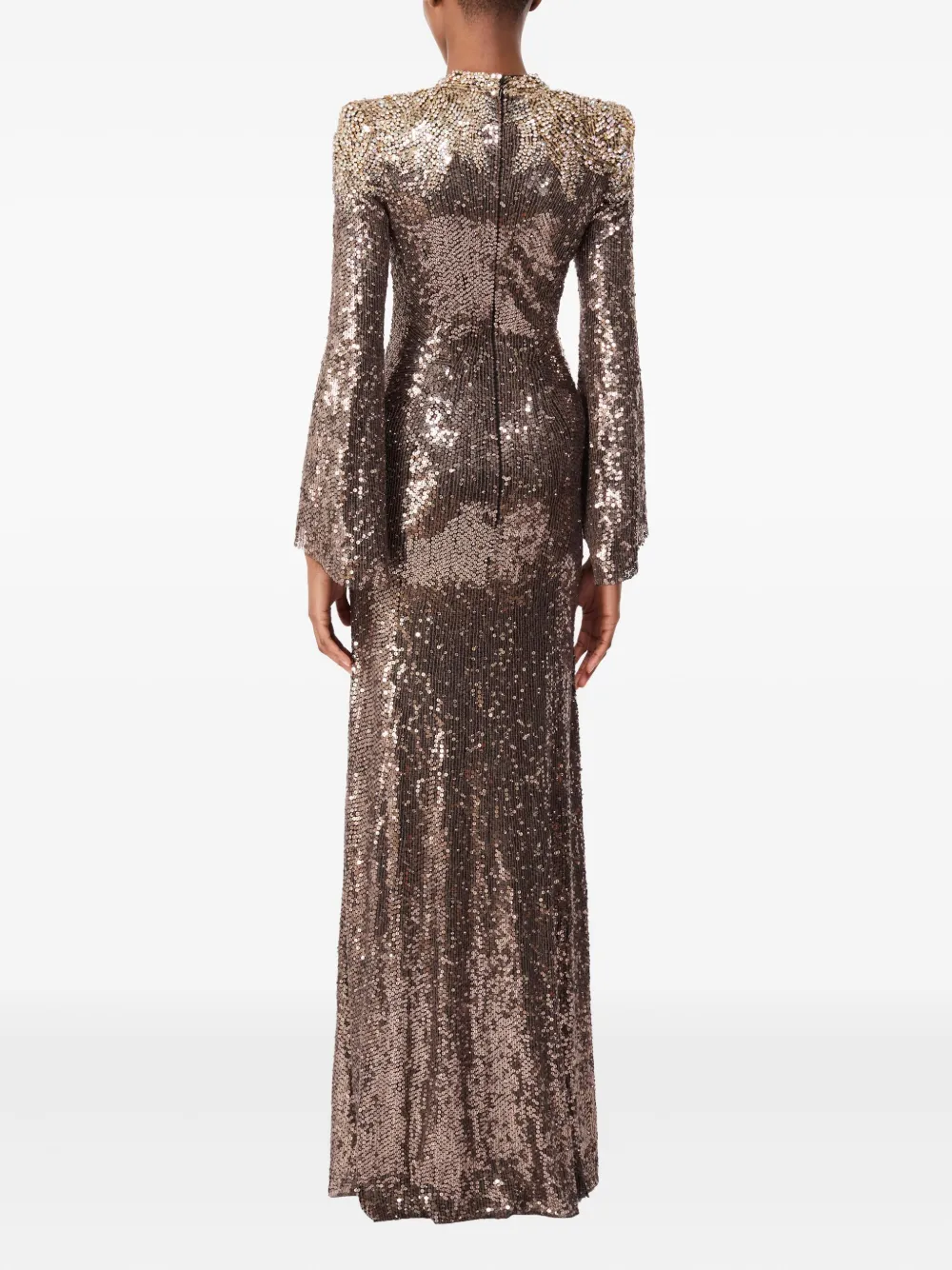 Jenny Packham Sequin-embellished Bell-sleeve Maxi Dress In Brown