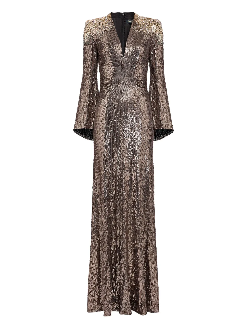 Jenny Packham Sequin-embellished Bell-sleeve Maxi Dress In Brown