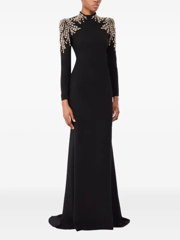 mock neck evening dress Betsy & Adam Mock-Neck Sheer-Sleeve Gown - Black