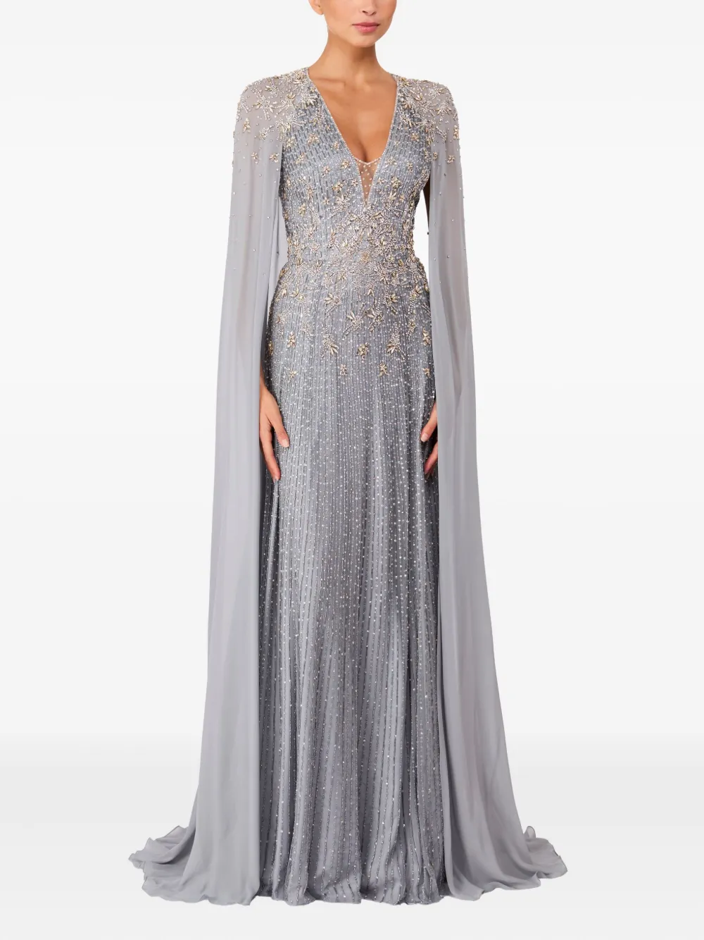 Jenny Packham Maxi-jurk verfraaid met kristallen en cape - Grijs