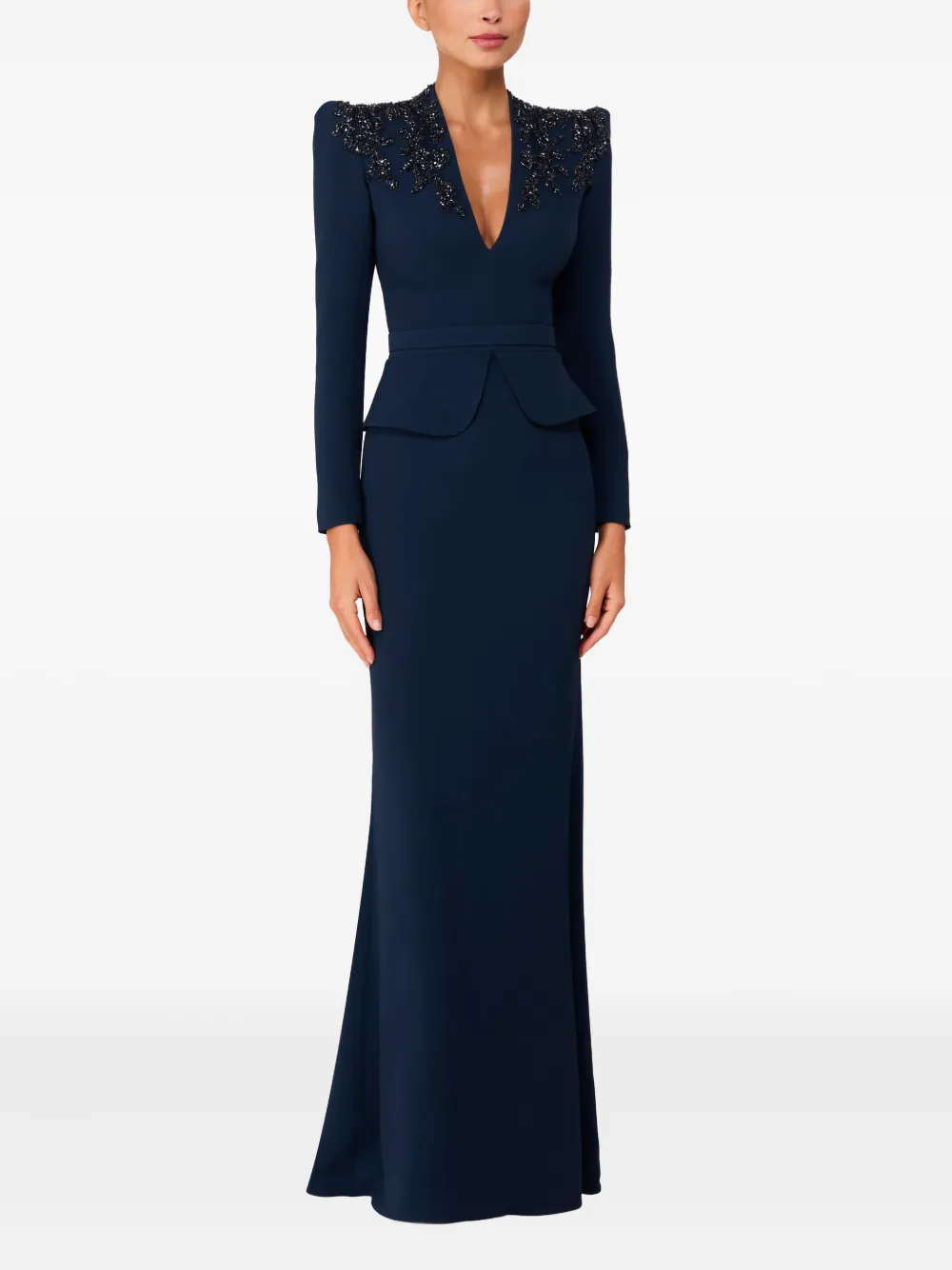 Jenny Packham Maxi-jurk met verfraaide schouders en V-hals - Blauw