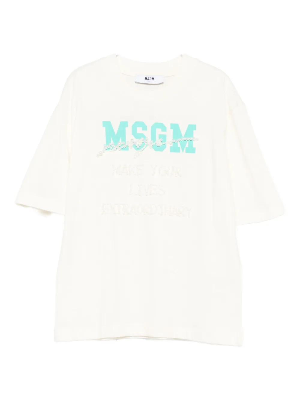 Msgm Kids' Pearl-embellished Logo T-shirt In White
