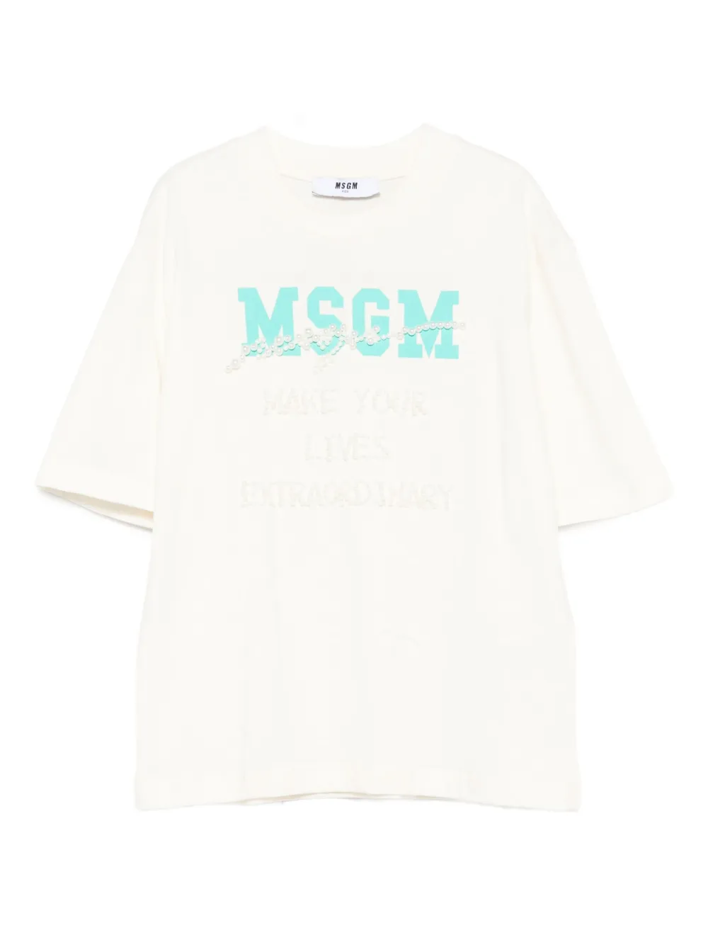 MSGM Kids pearl-embellished logo T-shirt Beige