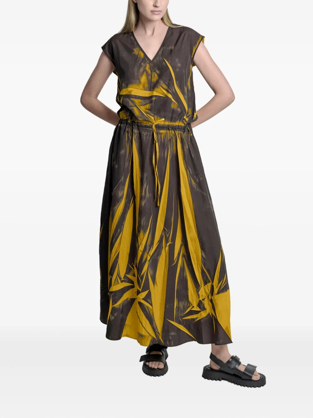 Uma | Raquel Davidowicz leaf-print drawstring dress - Geel