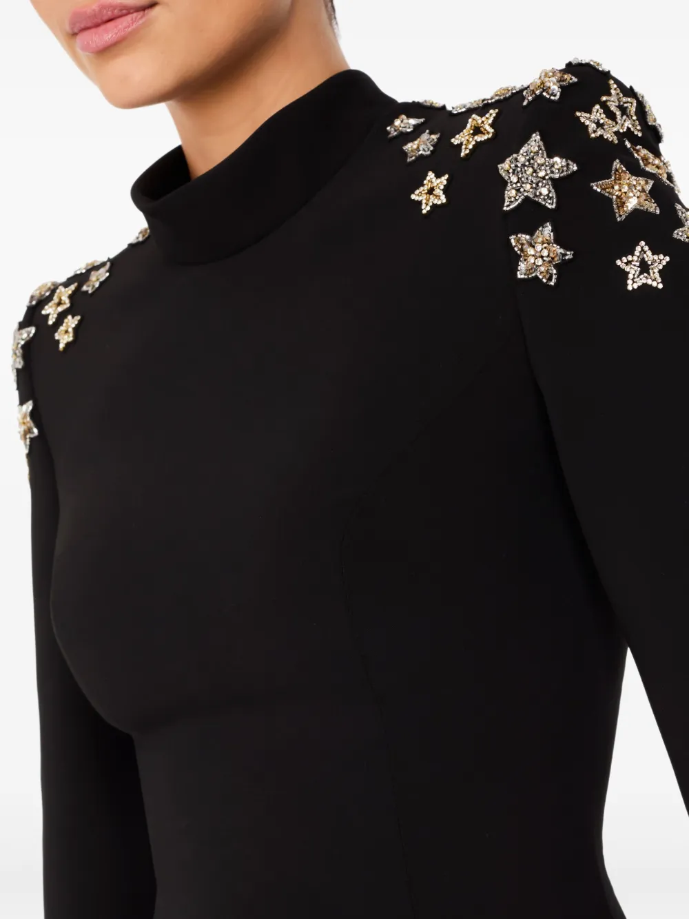 Jenny Packham Stella Star-embellished Mock-neck Midi Dress In Black