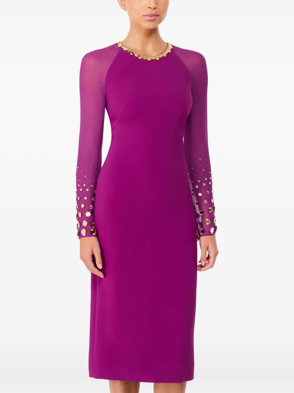 Jenny Packham Eurabia Mesh-sleeve Midi Dress In Purple