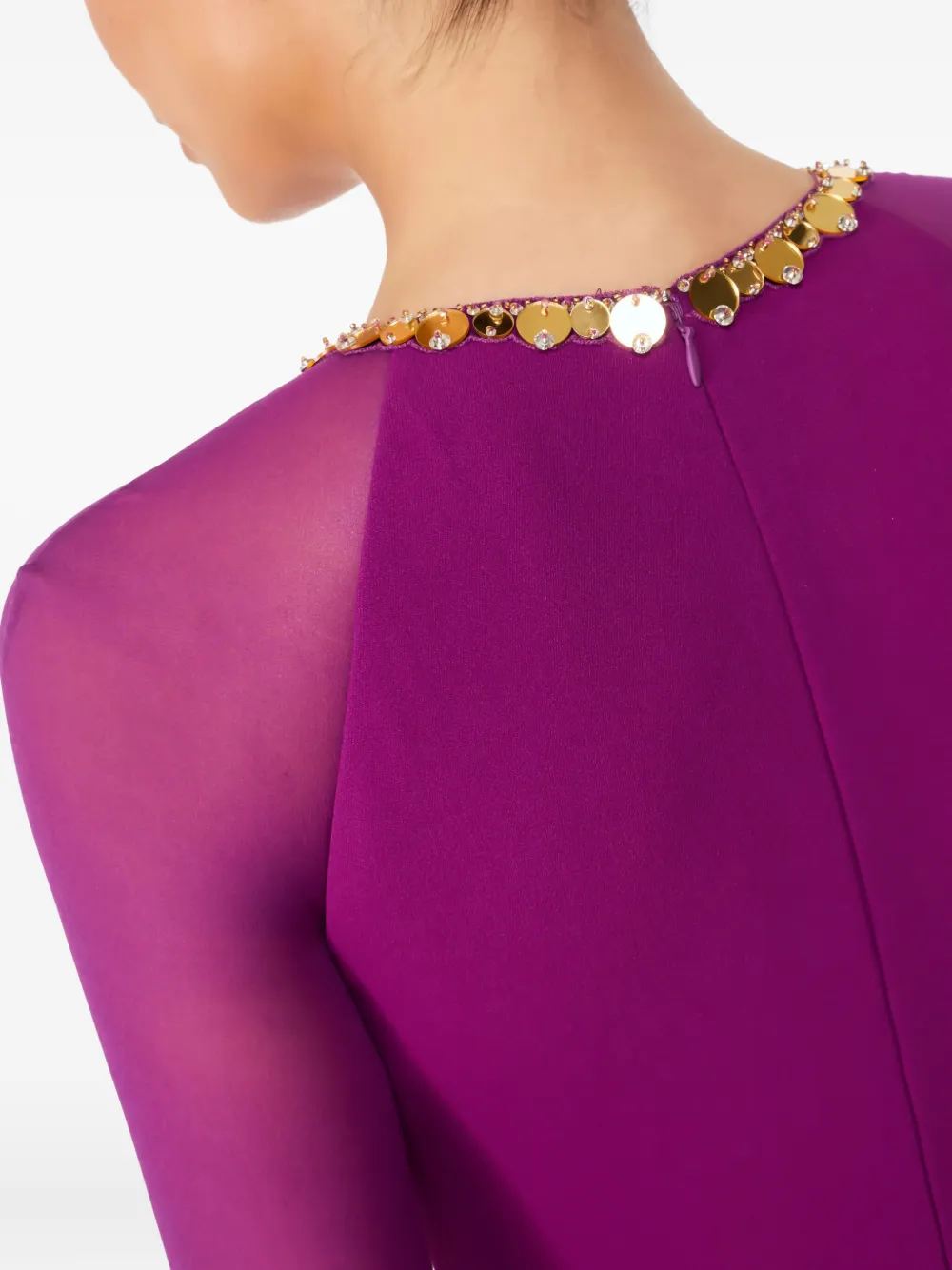 Jenny Packham Eurabia Mesh-sleeve Midi Dress In Purple
