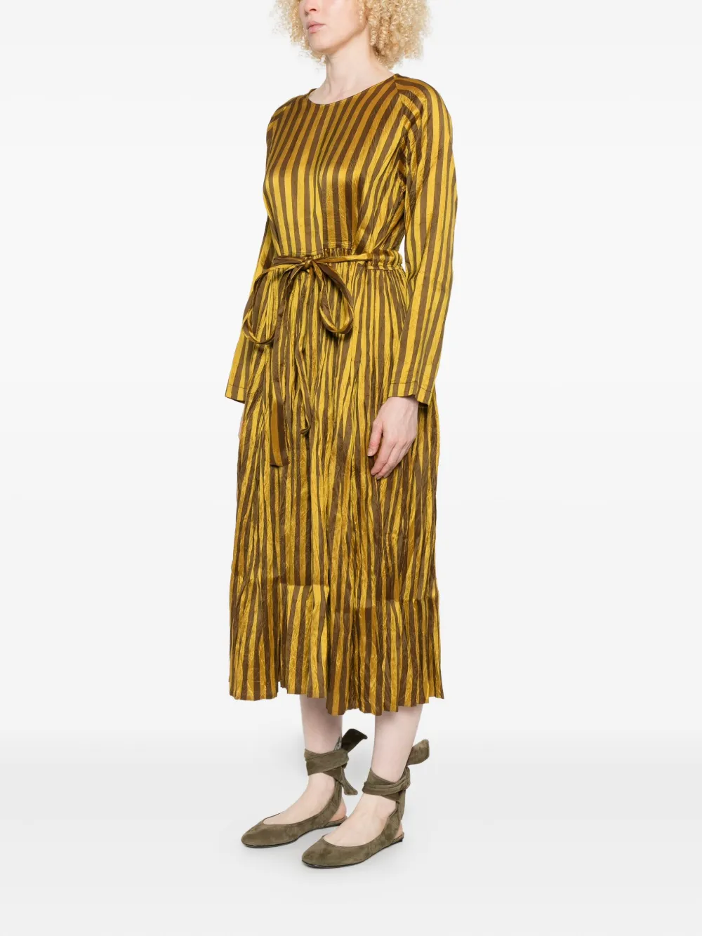 Christian Peau Striped Pleated Dress In Yellow