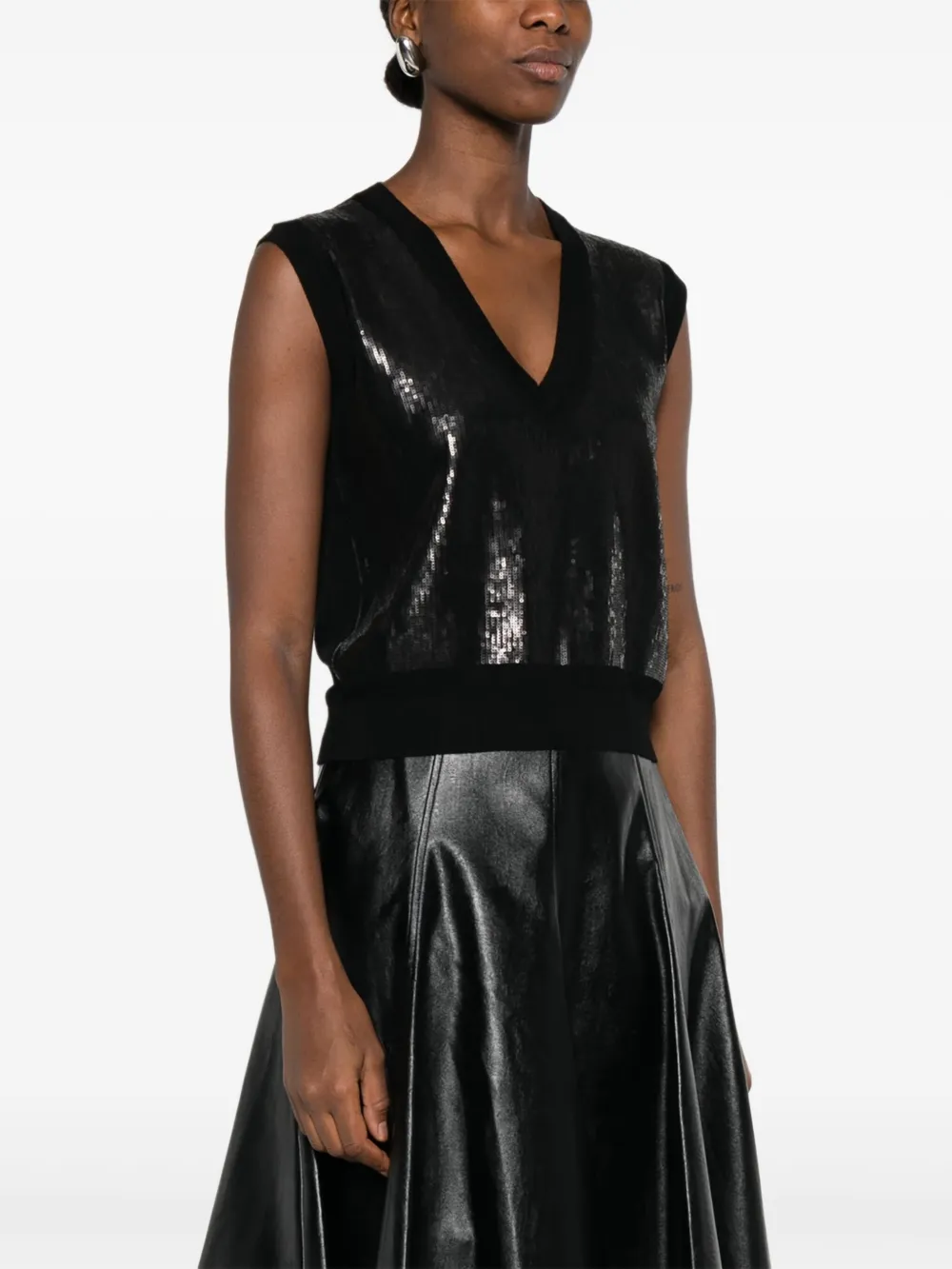 Alpha Studio Sequin-embellished V-neck Knitted Top In Black
