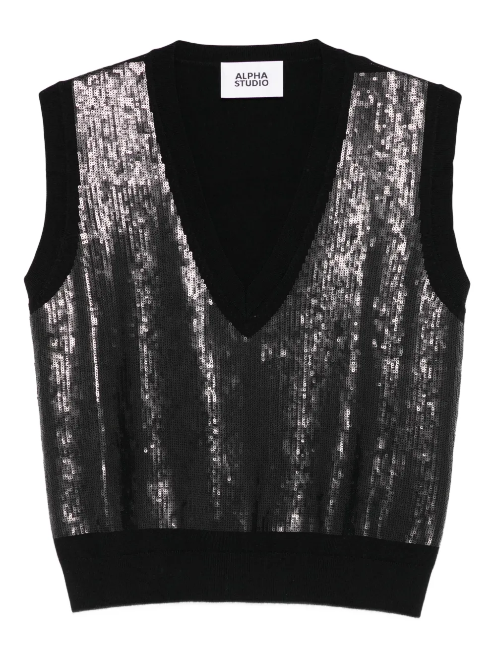 Alpha Studio Sequin-embellished V-neck Knitted Top In Black