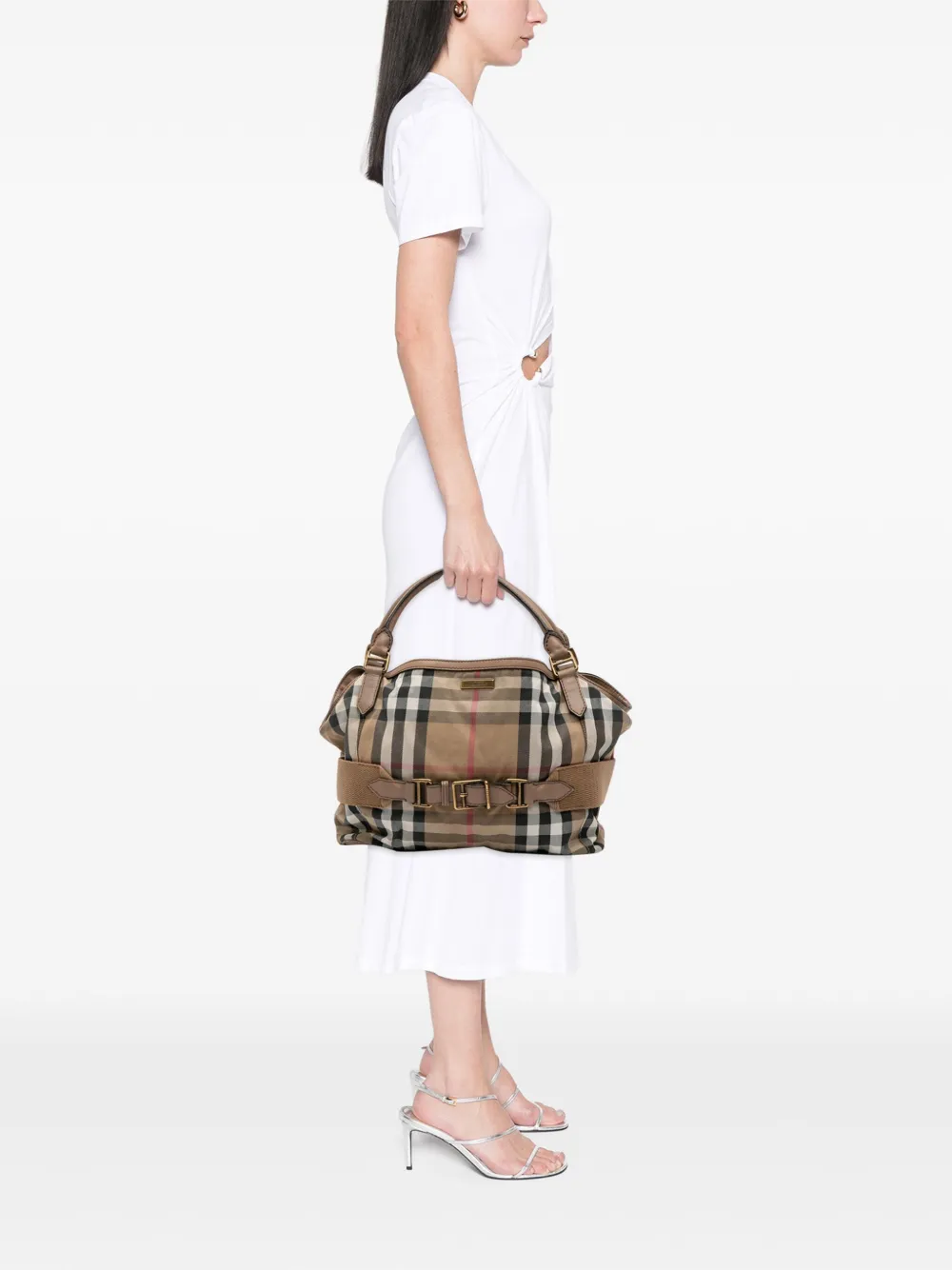 Pre-owned Burberry 2017 Large House Check Canvas Aurelia Satchel In Brown