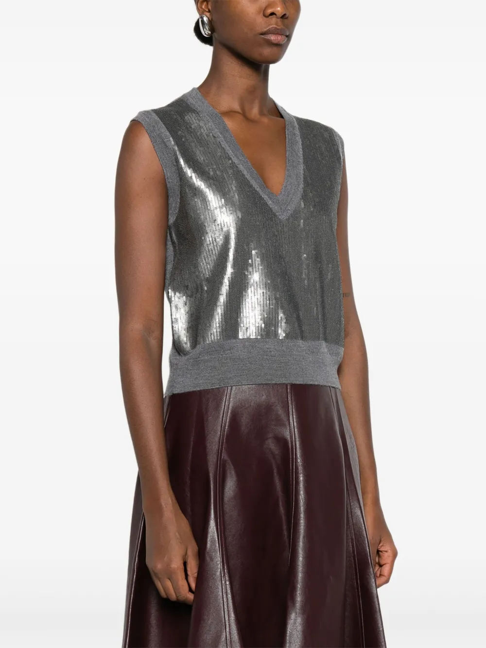 Alpha Studio Sequin-embellished V-neck Knitted Top In Gray