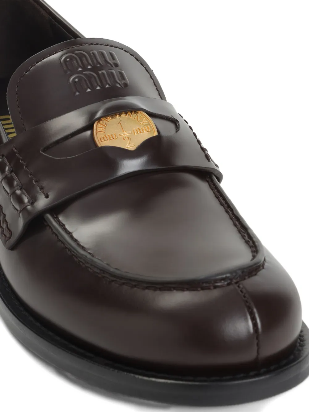 Miu Leren penny loafers Bruin