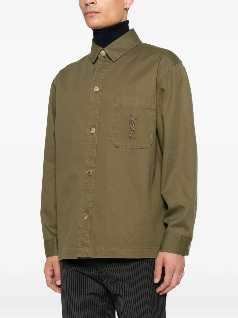 Saint Laurent Cassandre Overshirt In Cotton Linen Gabardine Clothing In Green