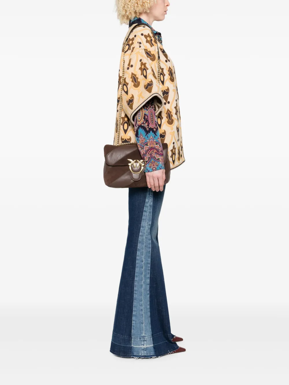 PINKO Love leather-suede diagonal-stripe shoulder bag - Bruin