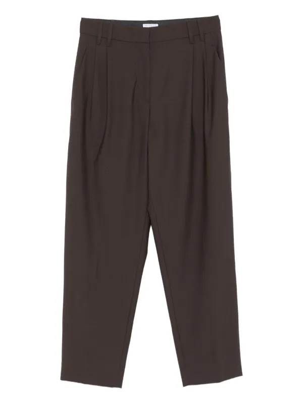 Brunello Cucinelli Pleated Wool Straight Trousers in Brown