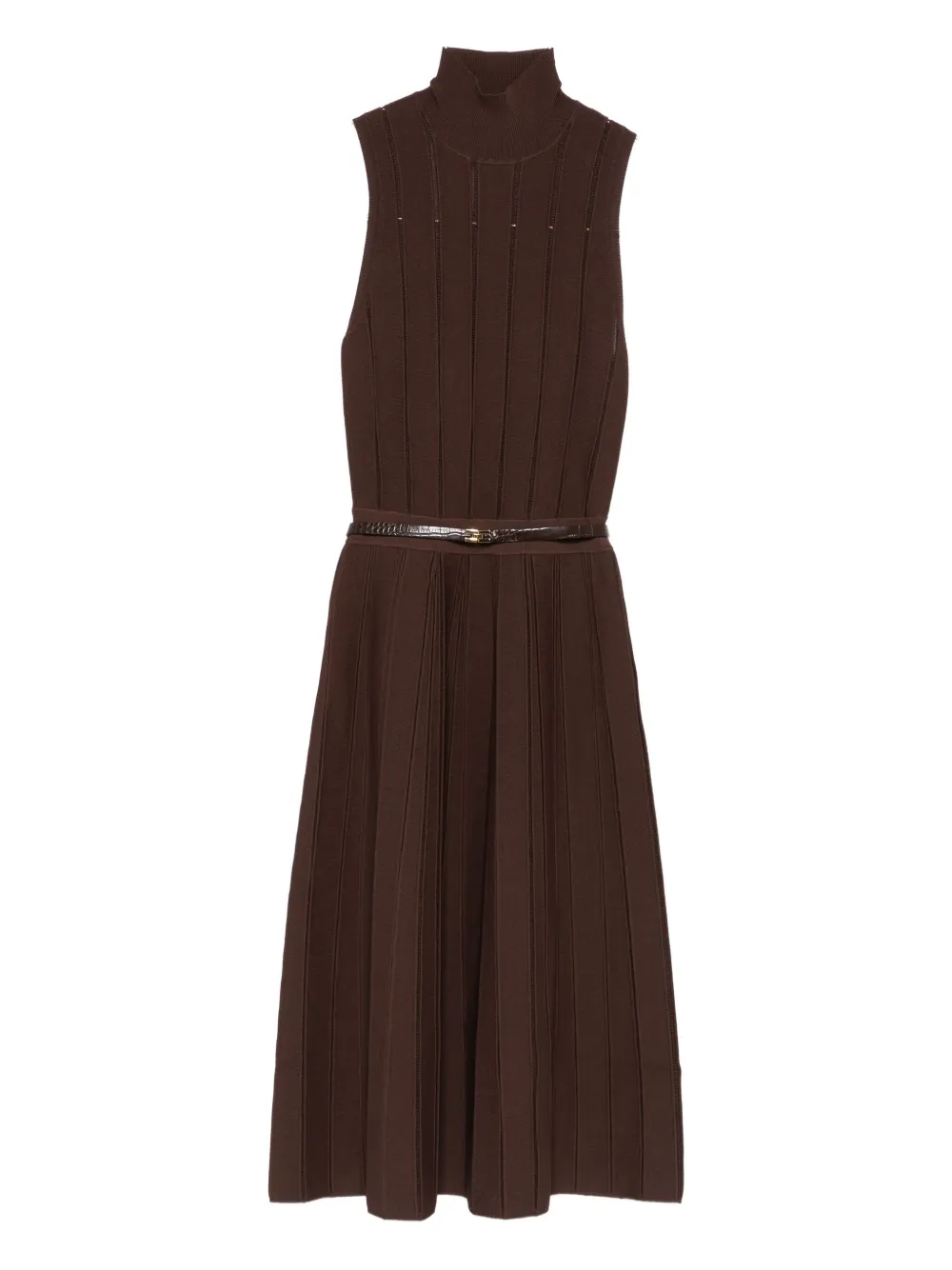 Elisabetta Franchi Ribbed Turtleneck Belted Maxi Dress In Brown