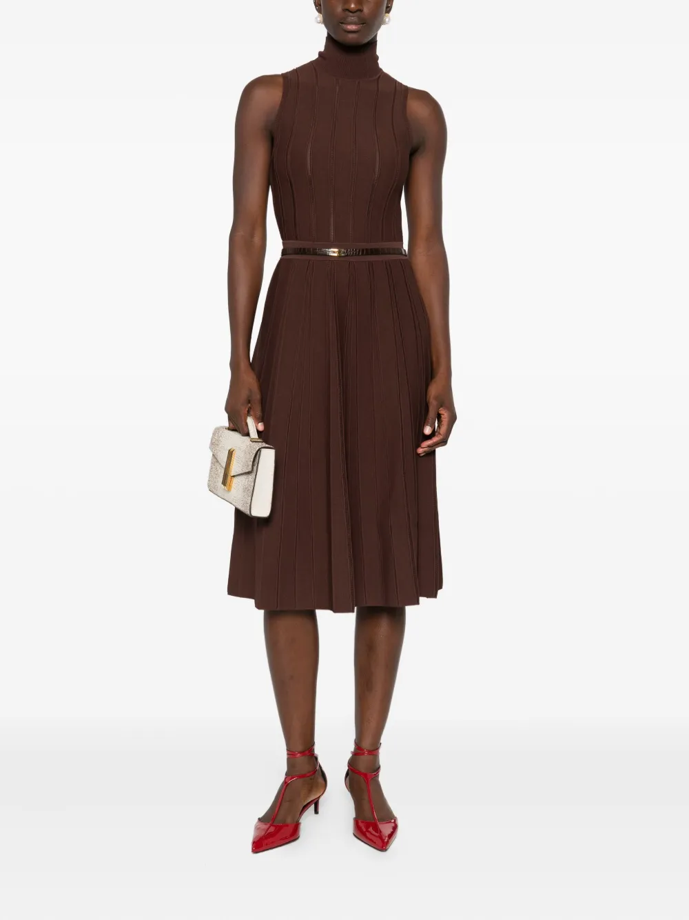 Elisabetta Franchi ribbed turtleneck belted maxi dress - Bruin