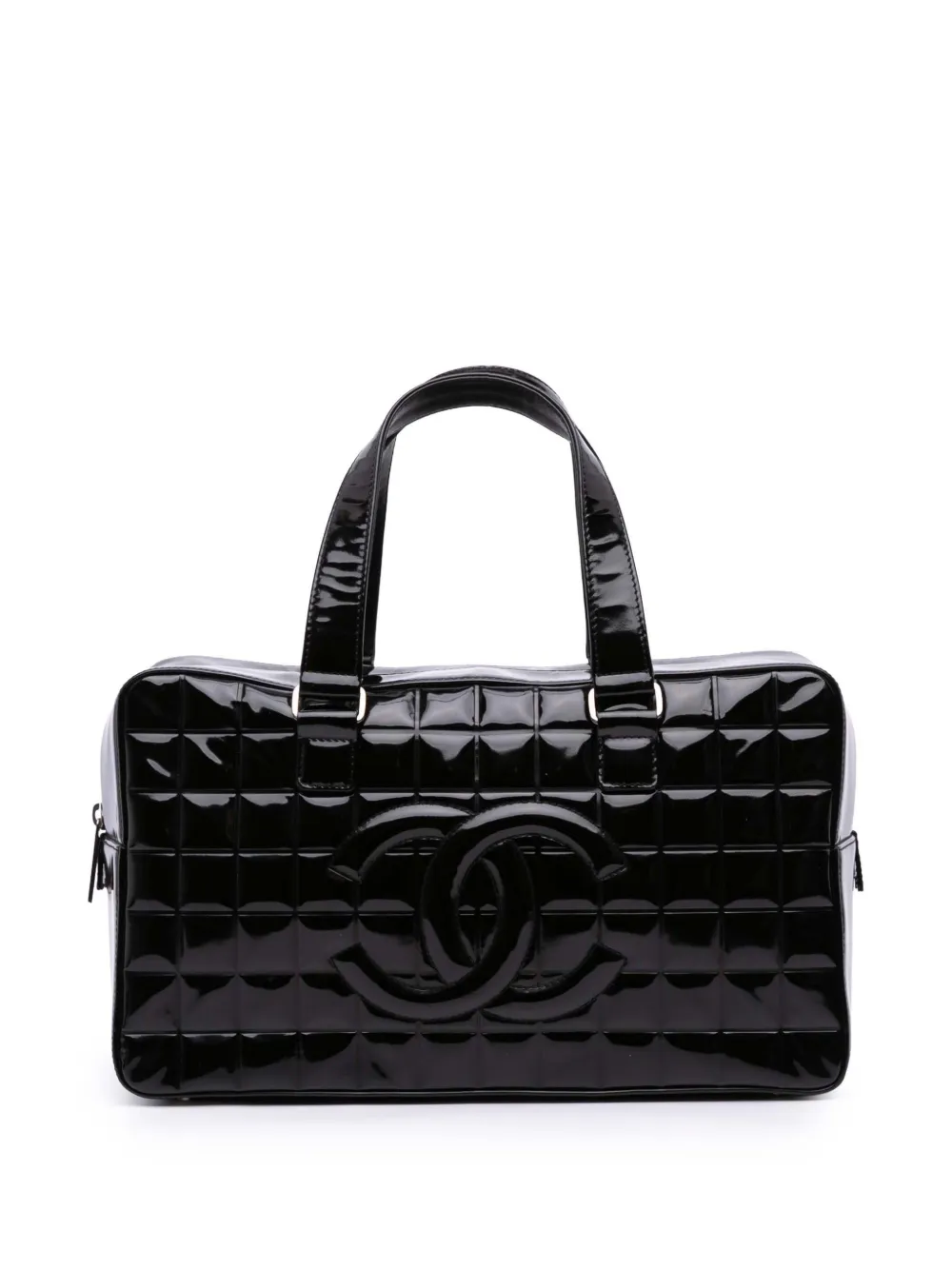 Pre-owned Chanel 2002-2003 Cc Chocolate Bar Patent Bowler Bag Handbag In Black
