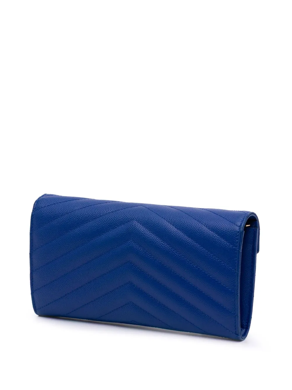 Pre-owned Saint Laurent 2015 Grain De Poudre Matelasse Chevron Monogram Flap Wallet Long Wallets In Blue