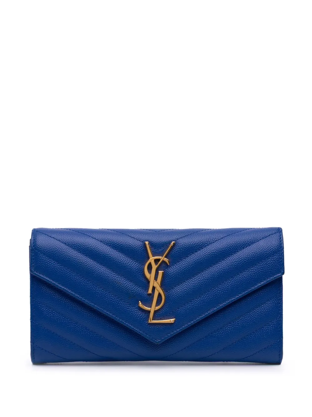 Pre-owned Saint Laurent 2015 Grain De Poudre Matelasse Chevron Monogram Flap Wallet Long Wallets In Blue