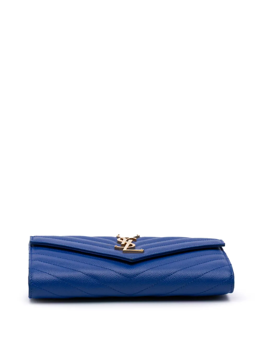 Pre-owned Saint Laurent 2015 Grain De Poudre Matelasse Chevron Monogram Flap Wallet Long Wallets In Blue