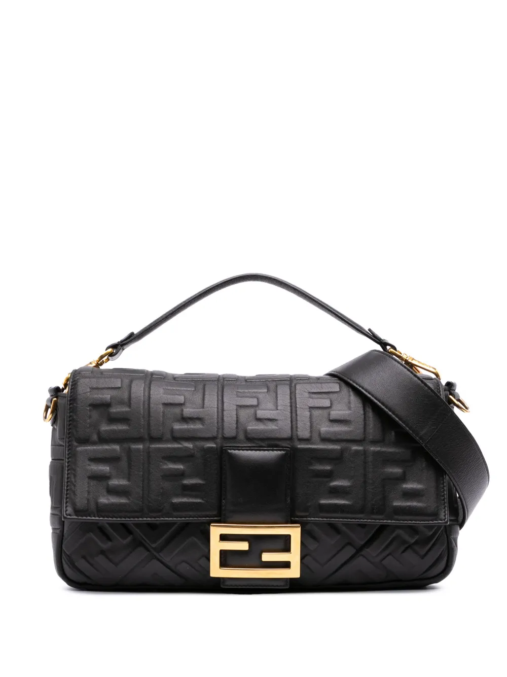 Pre-owned Fendi 2000-2010 Large Zucca Embossed Leather Baguette Satchel In Black