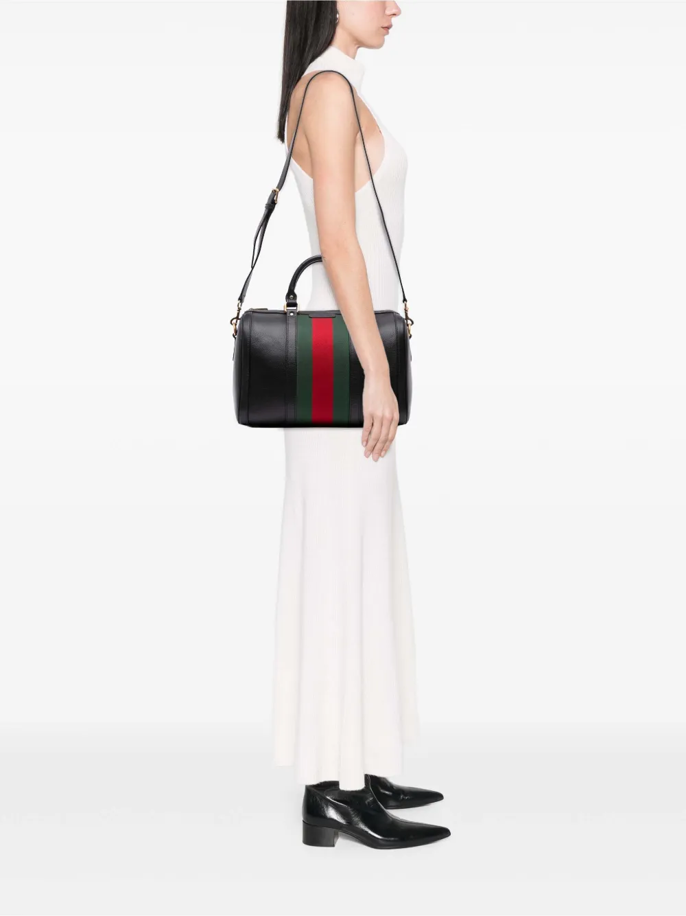 Pre-owned Gucci 2016-2025 Calfskin Web Joy Boston Bag Satchel In Black
