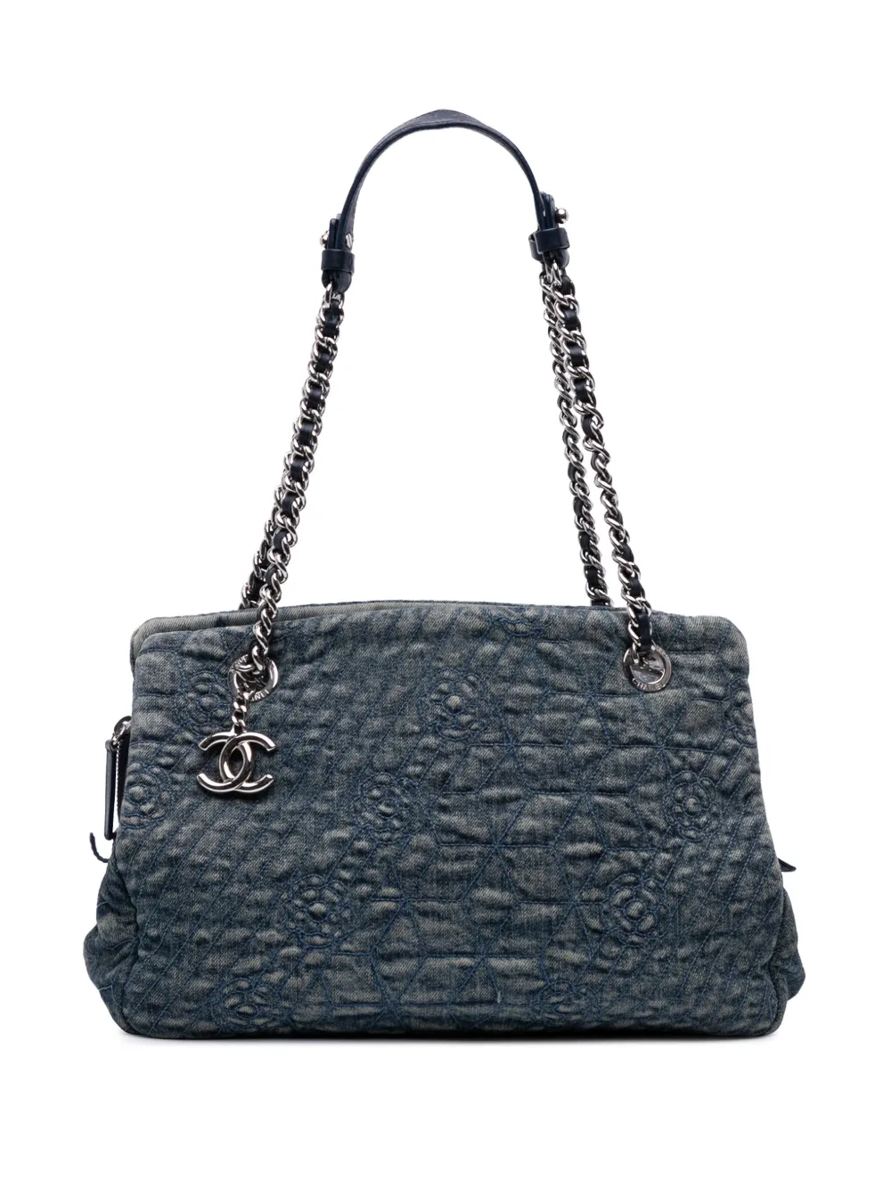Pre-owned Chanel 2012 Denim Camellia Embroidered Shopping Tote Bag In Blue