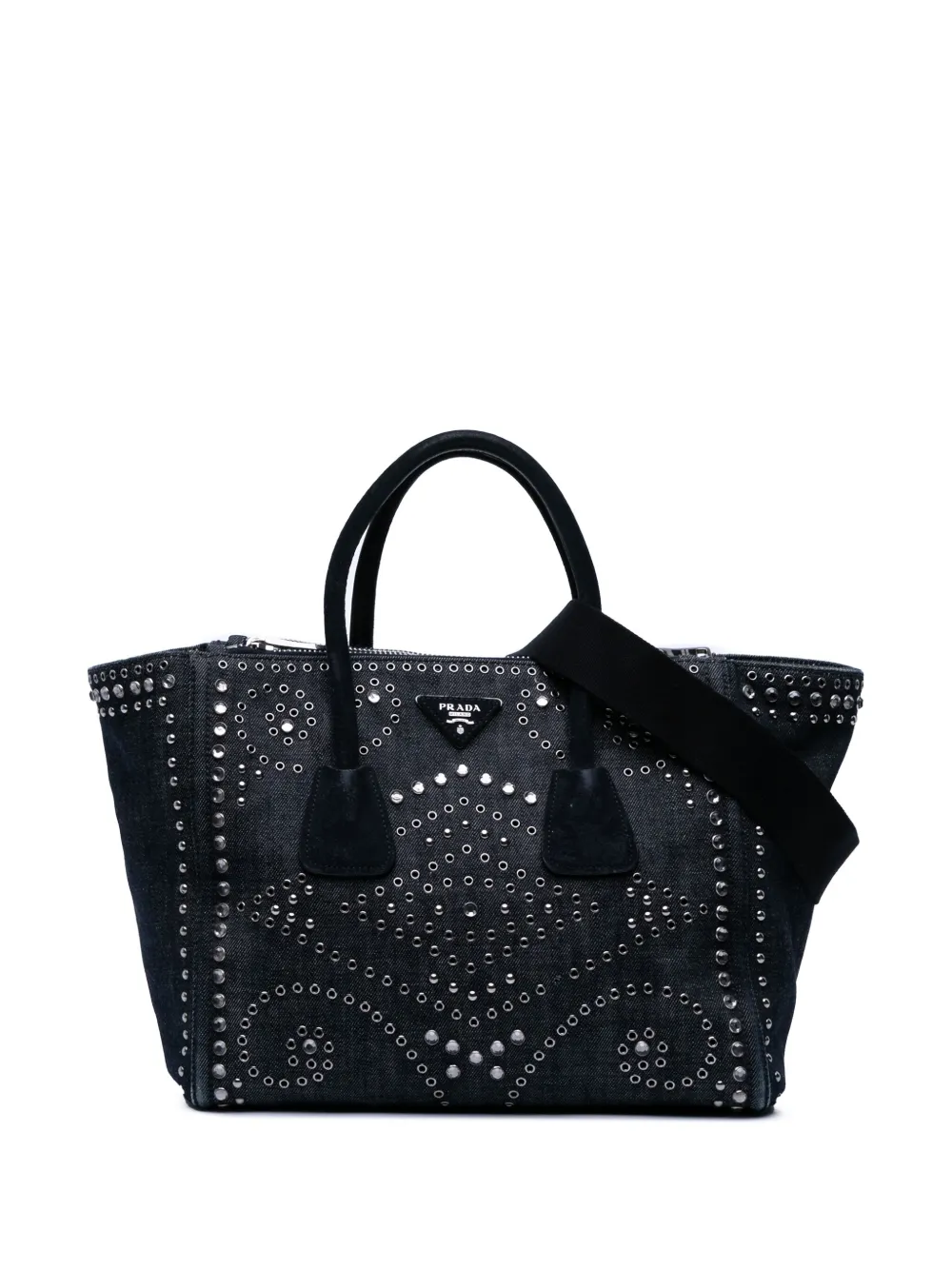 Pre-owned Prada 2000-2025 Denim Canapa Bijoux And Grommet Twin Pocket Tote Satchel In Blue