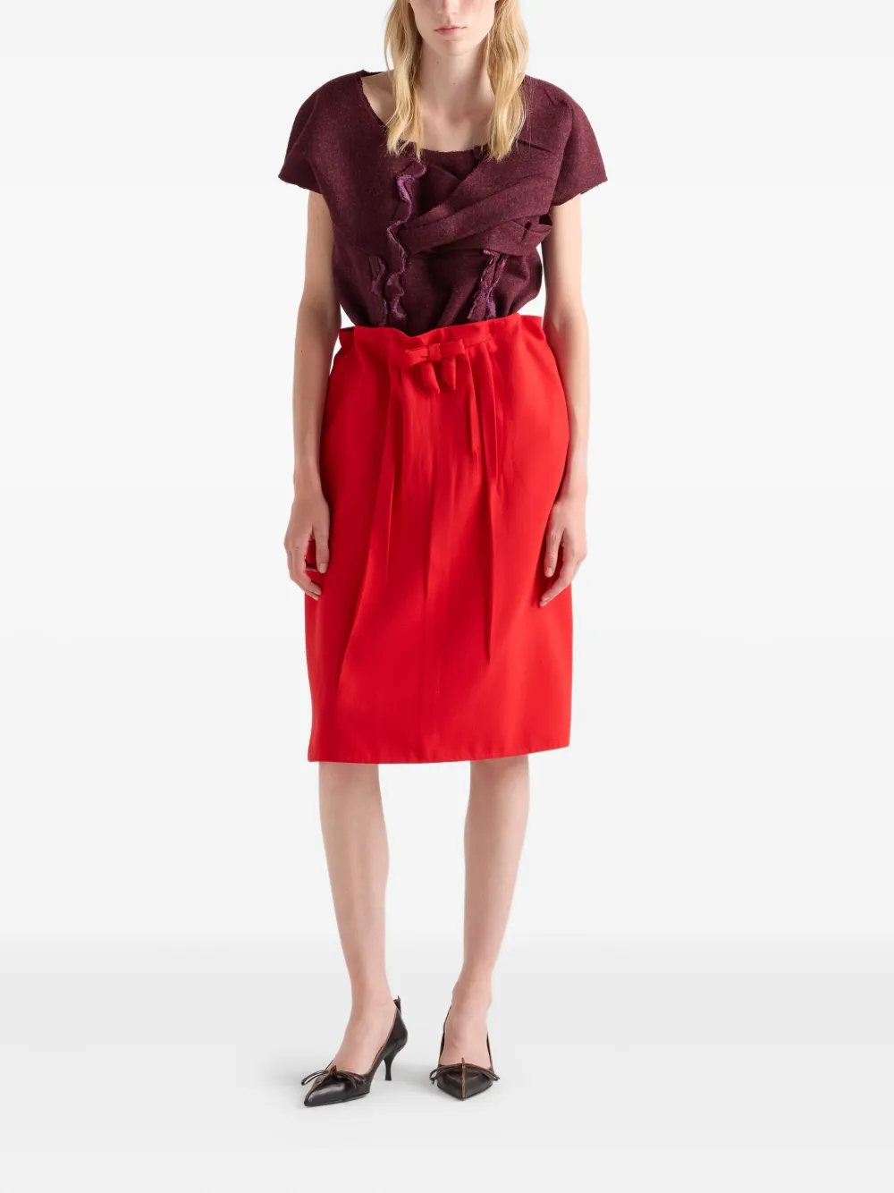 Prada Straight midi-rok met strikdetail en plooien - Rood