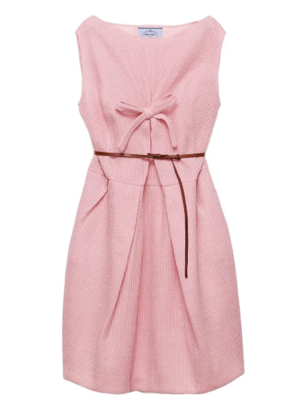 prada pleated dress Prada Wool Knit Dress With Bow, Woman, Pink, Size 44