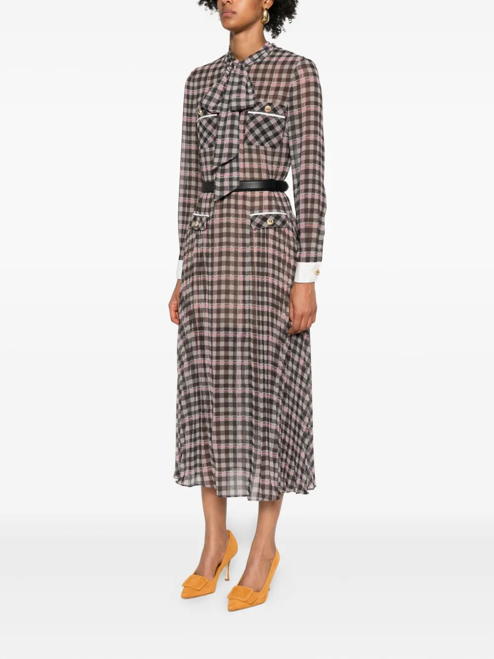 Self-portrait Checked Chiffon Midi Dress In Brown