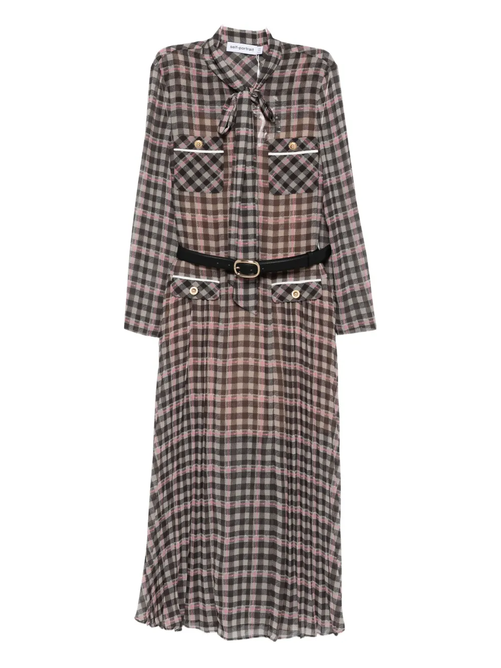 Self-portrait Checked Chiffon Midi Dress In Brown
