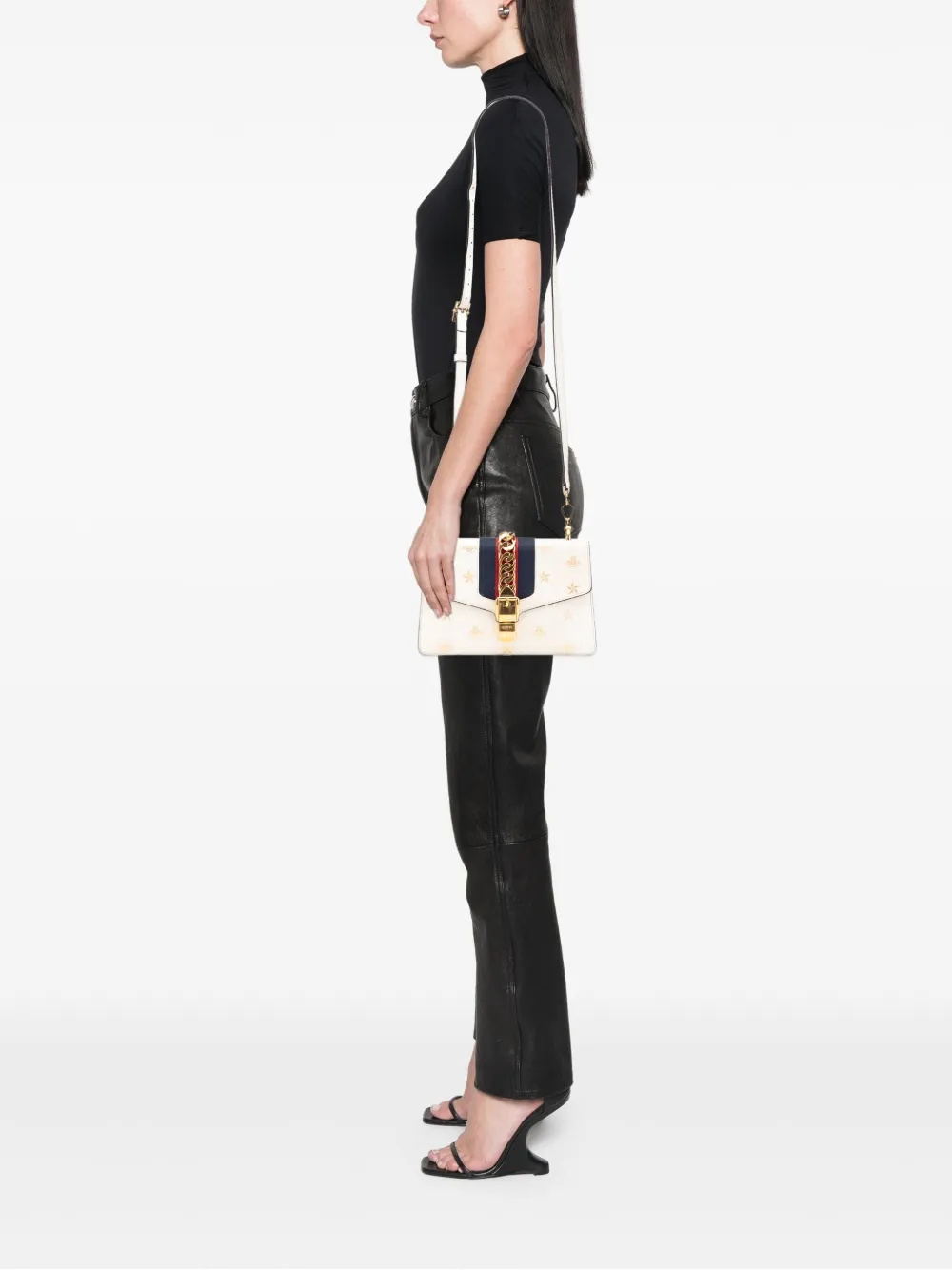 Pre-owned Gucci 2016-2025 Small Leather Bee Star Sylvie Satchel In White