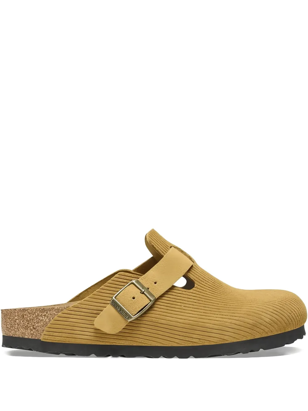 Birkenstock Boston "corduroy cork brown" suede mules