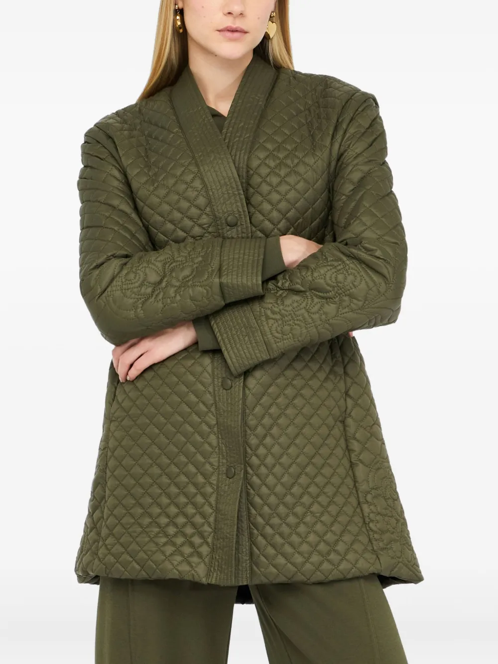 Liu •jo Quilted Nylon Coat With Belt In Green