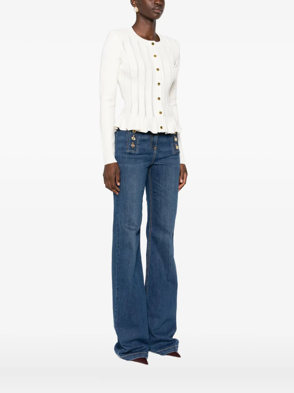 Elisabetta Franchi Ribbed Buttoned Cardigan In White