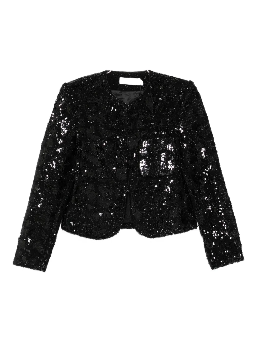 Iro Sequin Embellished Cropped Length Round Neck Jacket In Black
