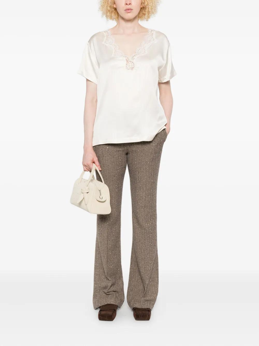 ERMANNO FIRENZE lace-trimmed V-neck top - Beige
