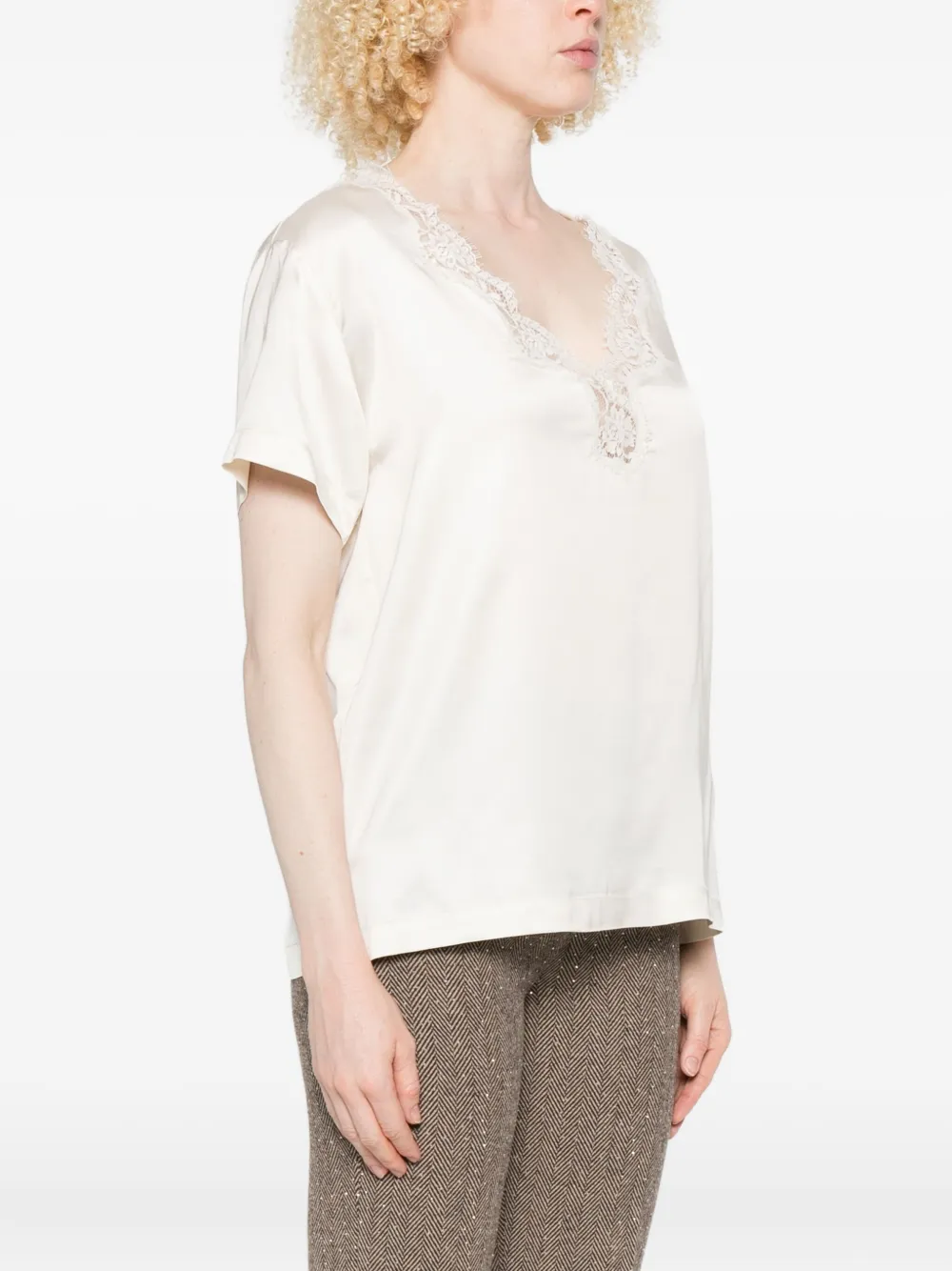 ERMANNO FIRENZE Top met kanten afwerking en V-hals Beige