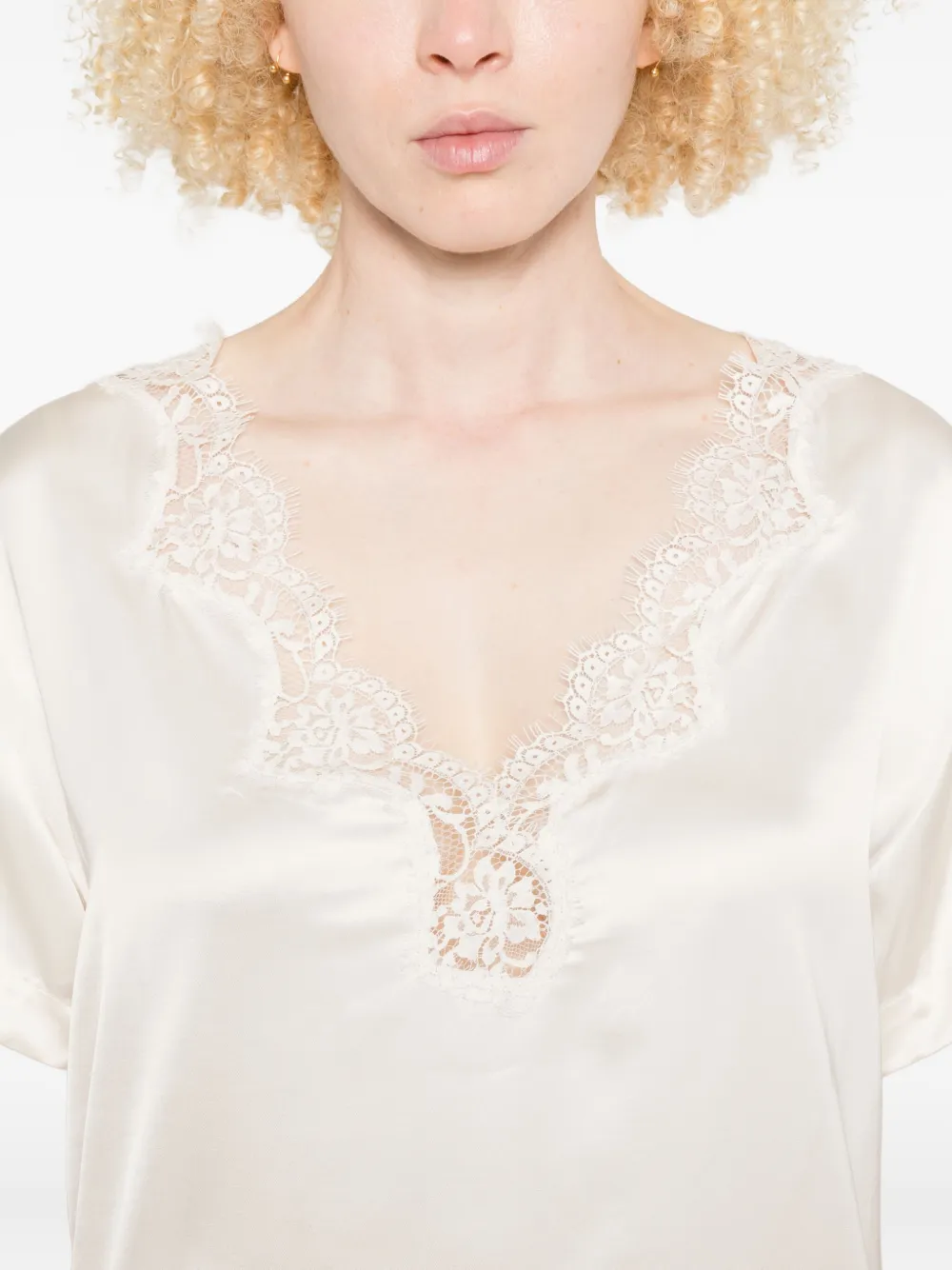 ERMANNO FIRENZE Top met kanten afwerking en V-hals Beige