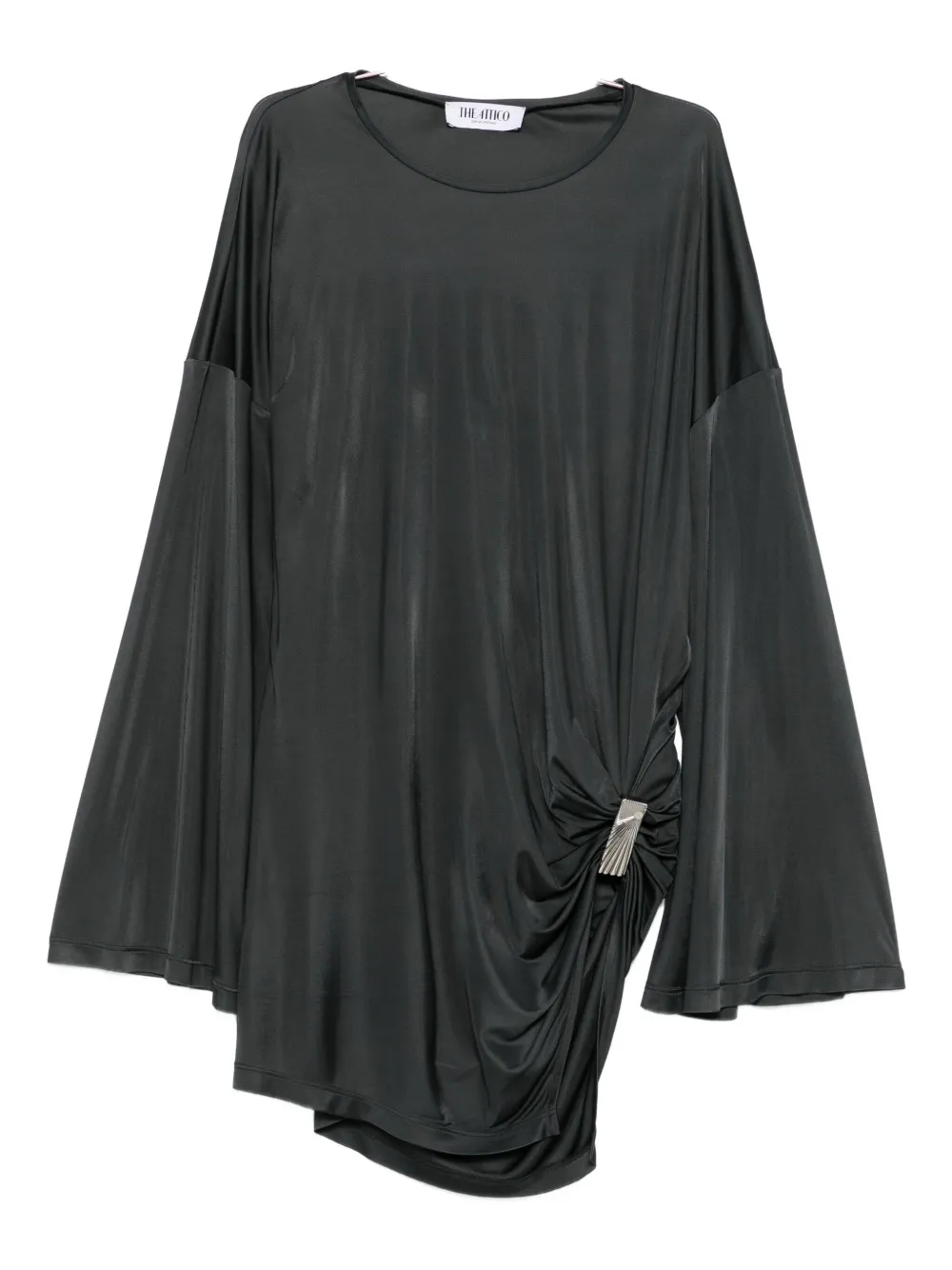 Attico Asymmetrical Dress With Draped Bell Sleeves In Gray